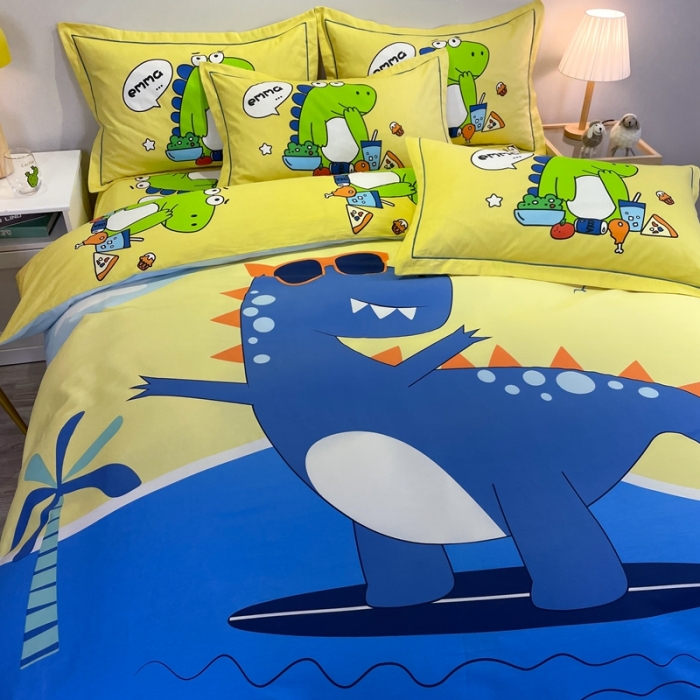 91家纺网 家纺一手货源 找家纺 金爱家 2021新款13372大版全棉卡通四件套 冲浪龙