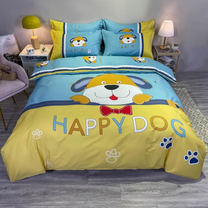 91家纺网 家纺一手货源 找家纺 金爱家 2021新款13372大版全棉卡通四件套 呆萌狗