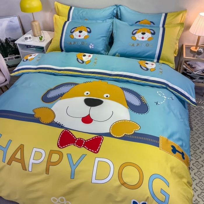 91家纺网 家纺一手货源 找家纺 金爱家 2021新款13372大版全棉卡通四件套 呆萌狗