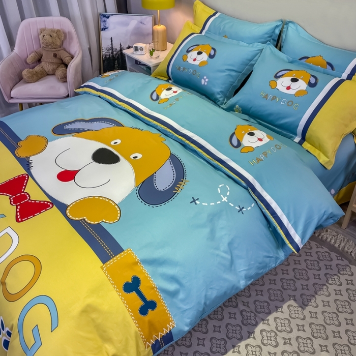 91家纺网 家纺一手货源 找家纺 金爱家 2021新款13372大版全棉卡通四件套 呆萌狗