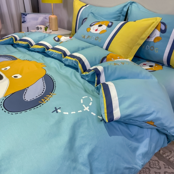 91家纺网 家纺一手货源 找家纺 金爱家 2021新款13372大版全棉卡通四件套 呆萌狗