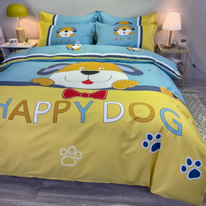 91家纺网 家纺一手货源 找家纺 金爱家 2021新款13372大版全棉卡通四件套 呆萌狗