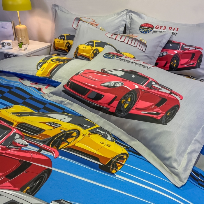 91家纺网 家纺一手货源 找家纺 金爱家 2021新款13372大版全棉卡通四件套 极速赛车