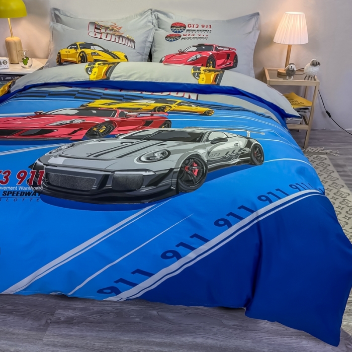 91家纺网 家纺一手货源 找家纺 金爱家 2021新款13372大版全棉卡通四件套 极速赛车