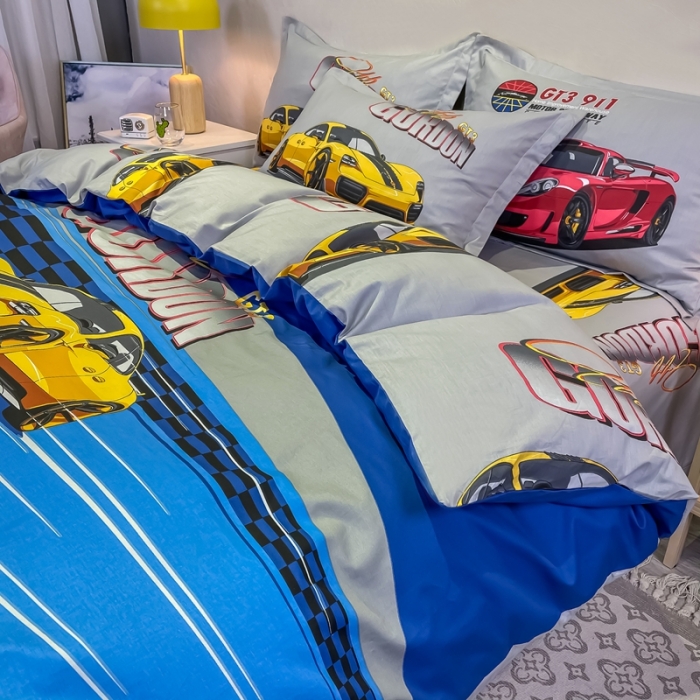 91家纺网 家纺一手货源 找家纺 金爱家 2021新款13372大版全棉卡通四件套 极速赛车