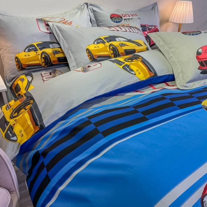 91家纺网 家纺一手货源 找家纺 金爱家 2021新款13372大版全棉卡通四件套 极速赛车