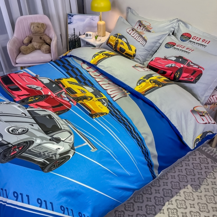 91家纺网 家纺一手货源 找家纺 金爱家 2021新款13372大版全棉卡通四件套 极速赛车