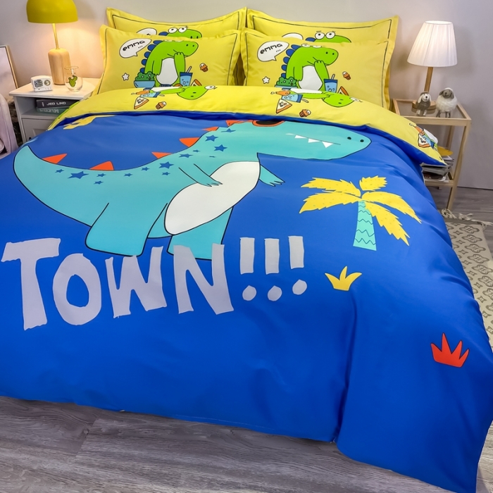 91家纺网 家纺一手货源 找家纺 金爱家 2021新款13372大版全棉卡通四件套 酷龙出没