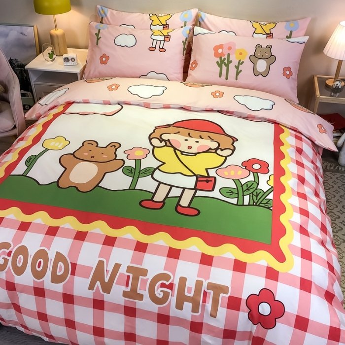 91家纺网 家纺一手货源 找家纺 金爱家 2021新款13372大版全棉卡通四件套 甜蜜女孩