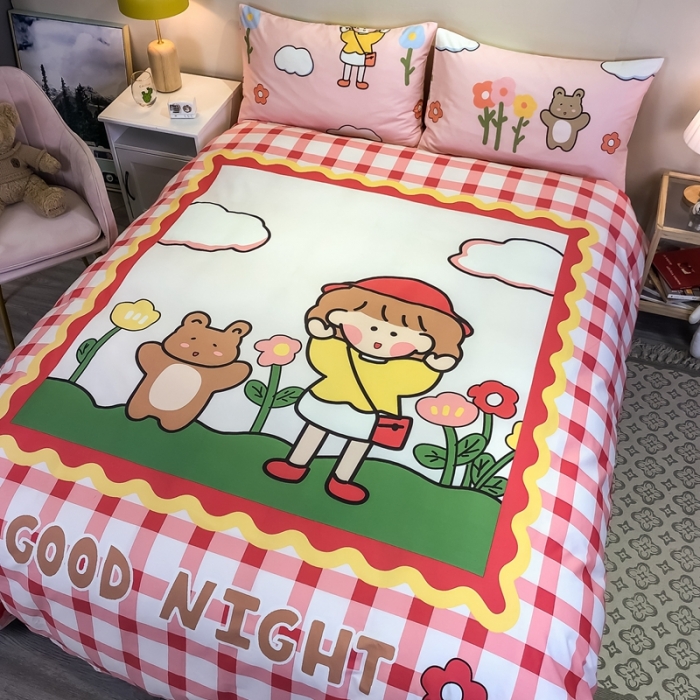 91家纺网 家纺一手货源 找家纺 金爱家 2021新款13372大版全棉卡通四件套 甜蜜女孩