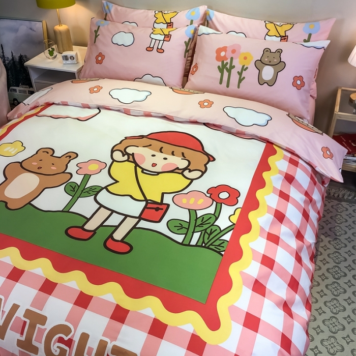 91家纺网 家纺一手货源 找家纺 金爱家 2021新款13372大版全棉卡通四件套 甜蜜女孩