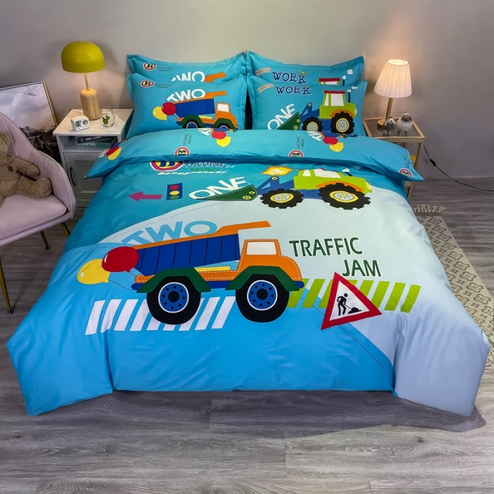 91家纺网 家纺一手货源 找家纺 金爱家 2021新款13372大版全棉卡通四件套 挖土车