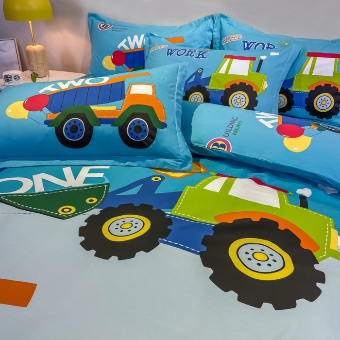 91家纺网 家纺一手货源 找家纺 金爱家 2021新款13372大版全棉卡通四件套 挖土车