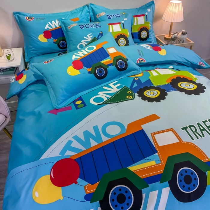 91家纺网 家纺一手货源 找家纺 金爱家 2021新款13372大版全棉卡通四件套 挖土车