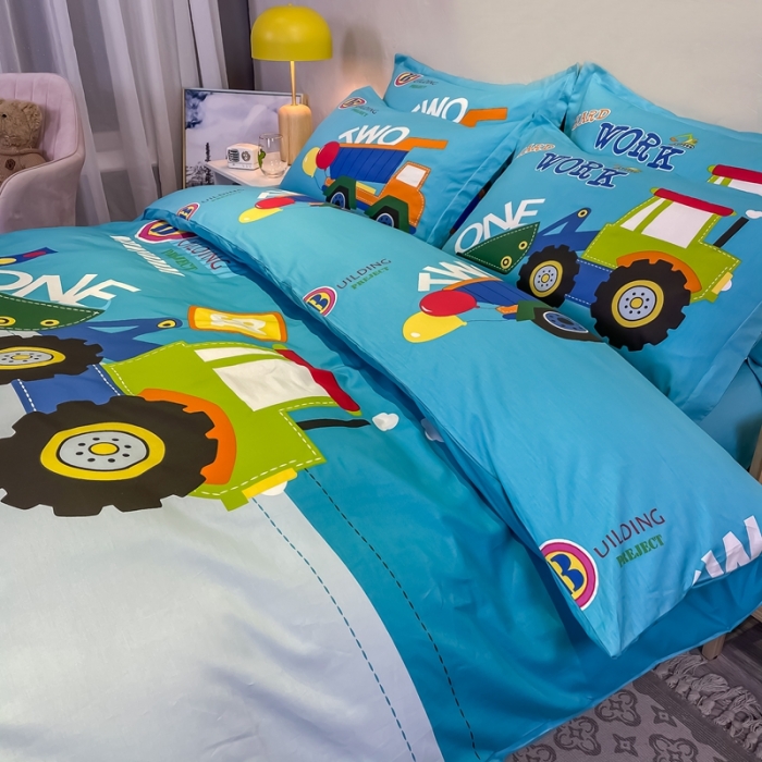 91家纺网 家纺一手货源 找家纺 金爱家 2021新款13372大版全棉卡通四件套 挖土车