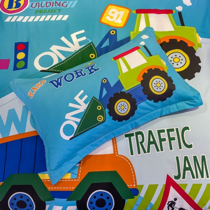 91家纺网 家纺一手货源 找家纺 金爱家 2021新款13372大版全棉卡通四件套 挖土车