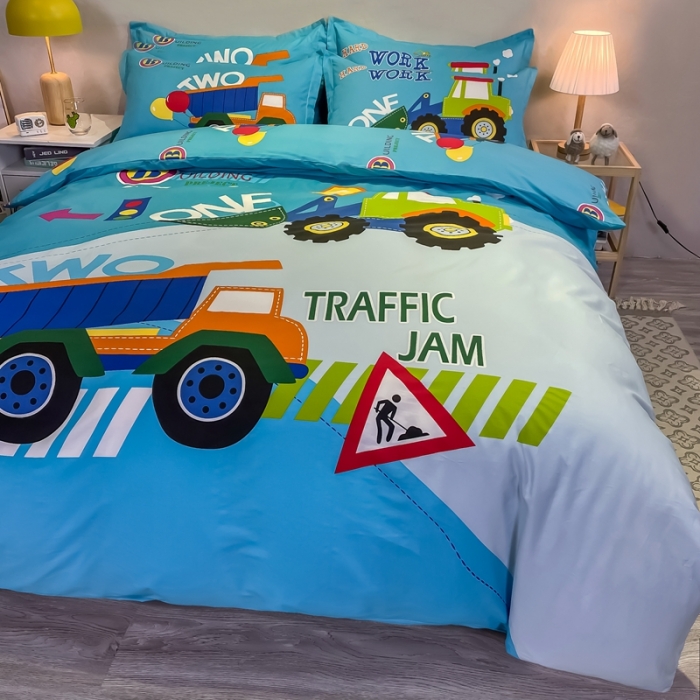 91家纺网 家纺一手货源 找家纺 金爱家 2021新款13372大版全棉卡通四件套 挖土车