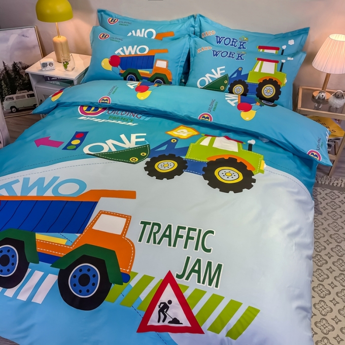 91家纺网 家纺一手货源 找家纺 金爱家 2021新款13372大版全棉卡通四件套 挖土车