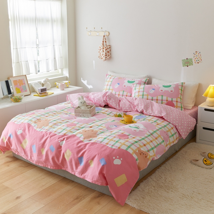 91家纺网 家纺一手货源 找家纺 窝米 2021新款春季全棉卡通四件套 奶香猫咪