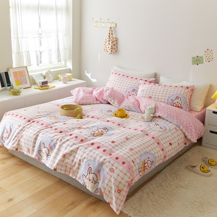 91家纺网 家纺一手货源 找家纺 窝米 2021新款春季全棉卡通四件套 兔兔奶泡