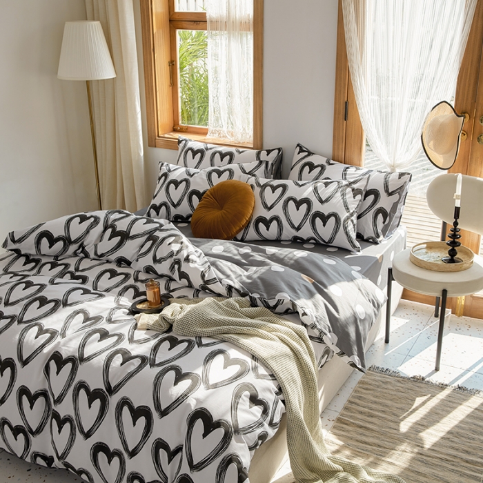 91家纺网 家纺一手货源 找家纺 仟网汇 2021新款春夏全棉北欧风几何系列四件套 爱心