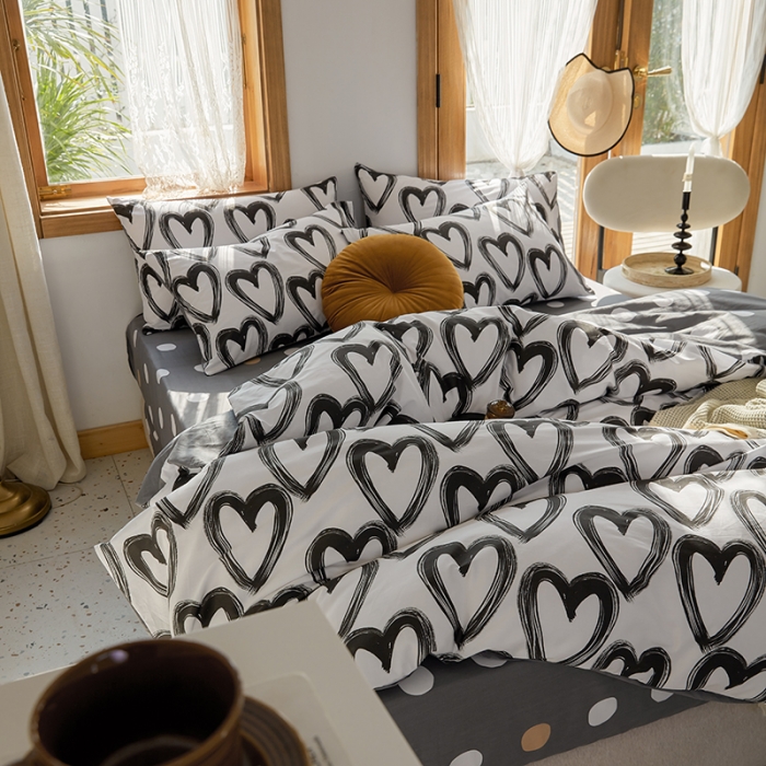 91家纺网 家纺一手货源 找家纺 仟网汇 2021新款春夏全棉北欧风几何系列四件套 爱心