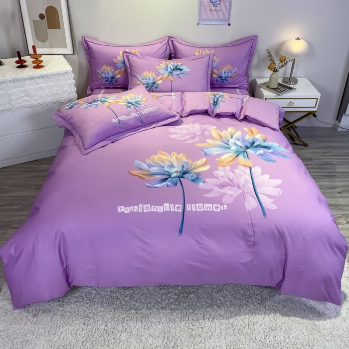 91家纺网 家纺一手货源 找家纺 金爱家 2021新款全棉活性花卉系列四件套 沉香紫