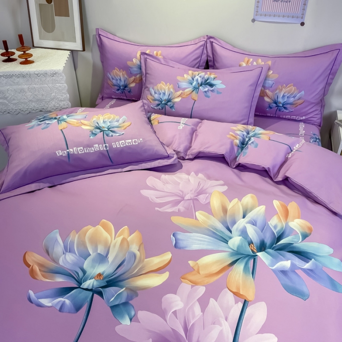 91家纺网 家纺一手货源 找家纺 金爱家 2021新款全棉活性花卉系列四件套 沉香紫