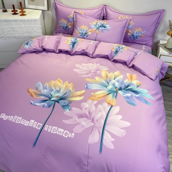 91家纺网 家纺一手货源 找家纺 金爱家 2021新款全棉活性花卉系列四件套 沉香紫