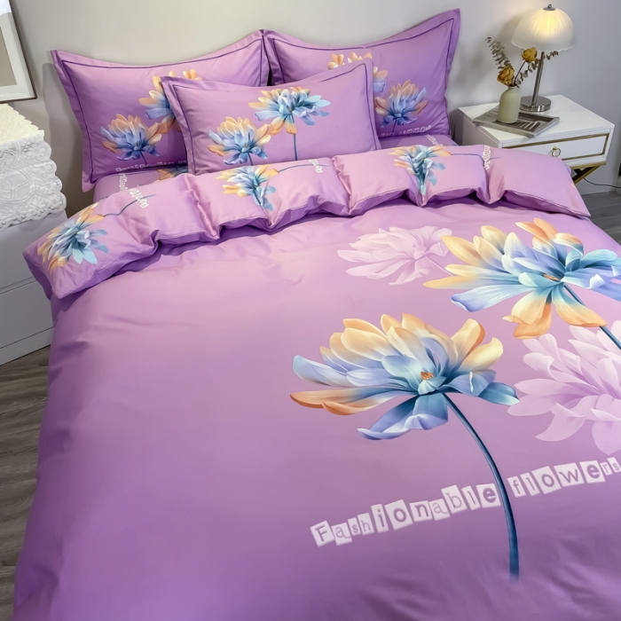 91家纺网 家纺一手货源 找家纺 金爱家 2021新款全棉活性花卉系列四件套 沉香紫