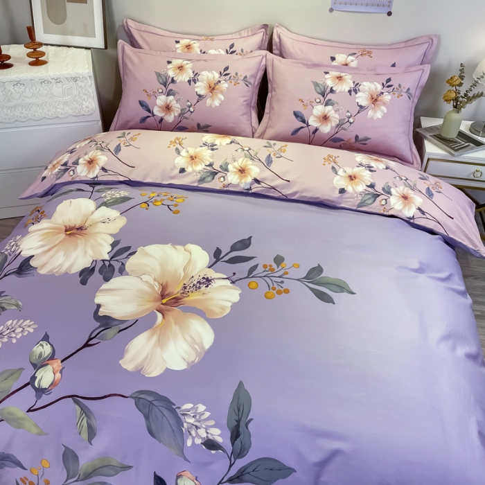 91家纺网 家纺一手货源 找家纺 金爱家 2021新款全棉活性花卉系列四件套 花满庭-紫