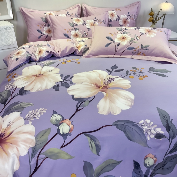 91家纺网 家纺一手货源 找家纺 金爱家 2021新款全棉活性花卉系列四件套 花满庭-紫