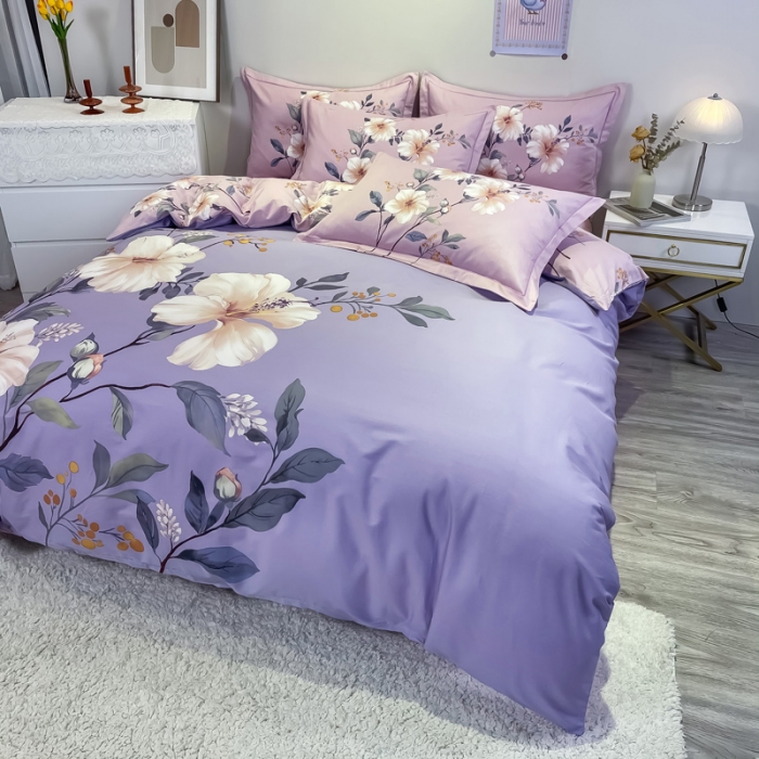 91家纺网 家纺一手货源 找家纺 金爱家 2021新款全棉活性花卉系列四件套 花满庭-紫