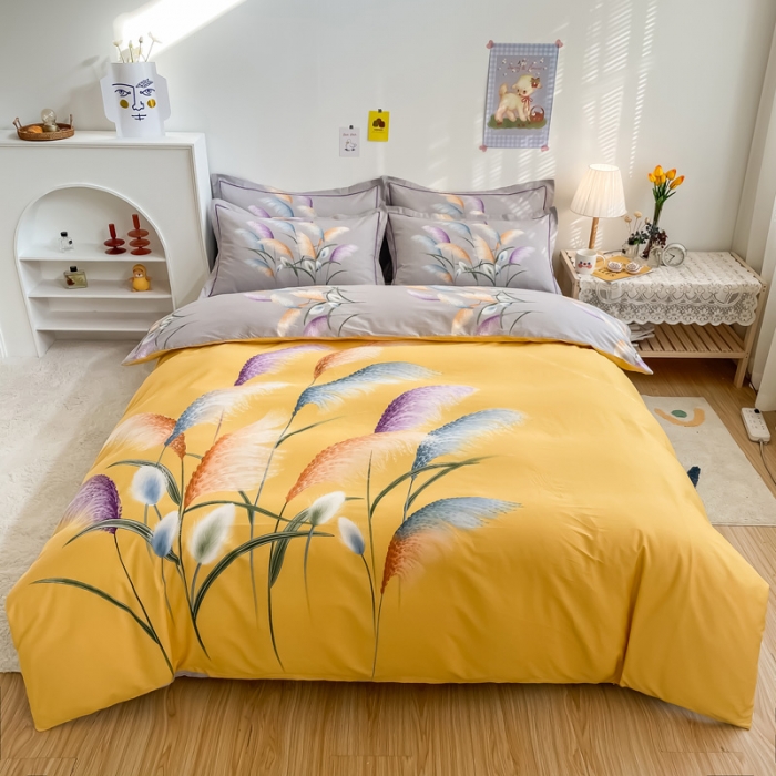 91家纺网 家纺一手货源 找家纺 金爱家 2021新款全棉活性花卉系列四件套 穗禾黄风格1