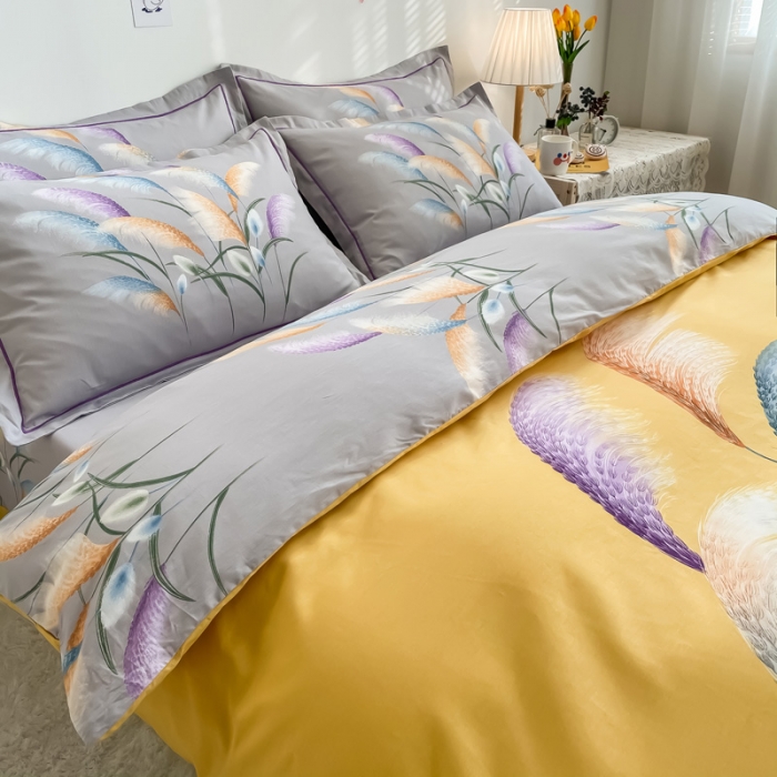 91家纺网 家纺一手货源 找家纺 金爱家 2021新款全棉活性花卉系列四件套 穗禾黄风格1