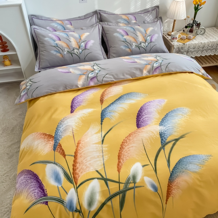 91家纺网 家纺一手货源 找家纺 金爱家 2021新款全棉活性花卉系列四件套 穗禾黄风格1