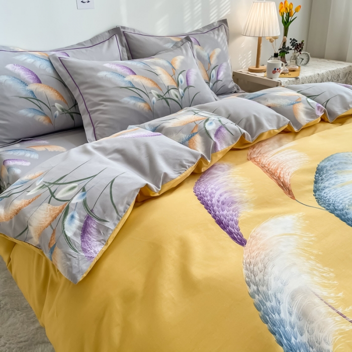 91家纺网 家纺一手货源 找家纺 金爱家 2021新款全棉活性花卉系列四件套 穗禾黄风格1