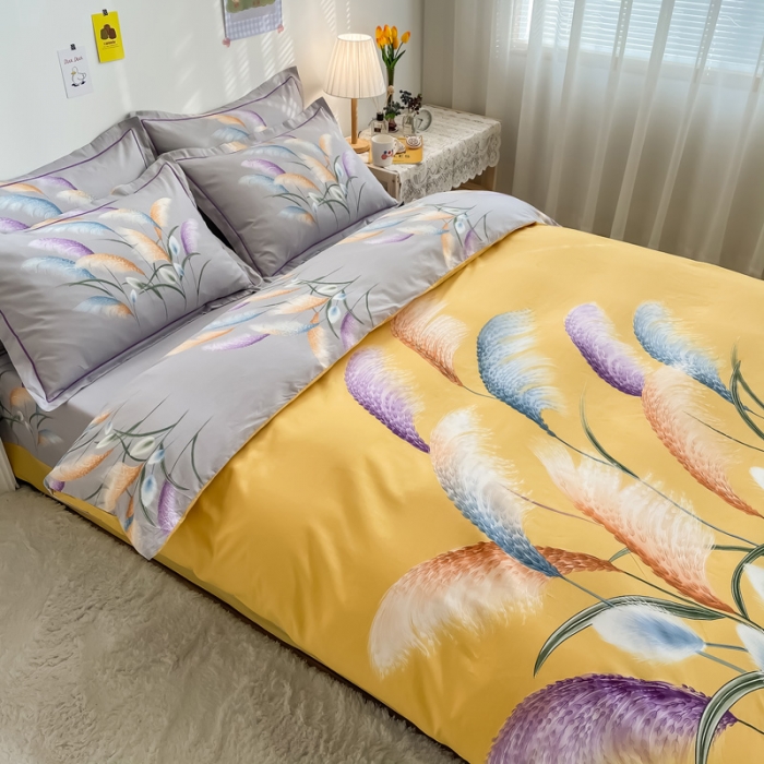 91家纺网 家纺一手货源 找家纺 金爱家 2021新款全棉活性花卉系列四件套 穗禾黄风格1