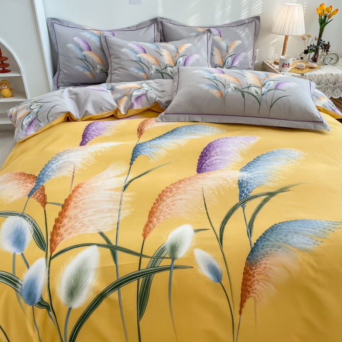 91家纺网 家纺一手货源 找家纺 金爱家 2021新款全棉活性花卉系列四件套 穗禾黄风格1