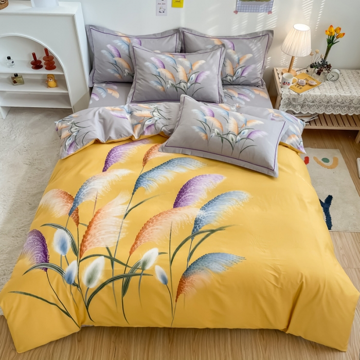 91家纺网 家纺一手货源 找家纺 金爱家 2021新款全棉活性花卉系列四件套 穗禾黄风格1