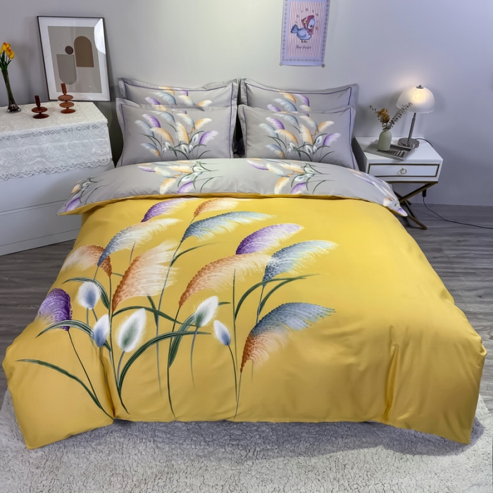 91家纺网 家纺一手货源 找家纺 金爱家 2021新款全棉活性花卉系列四件套 穗禾黄风格2