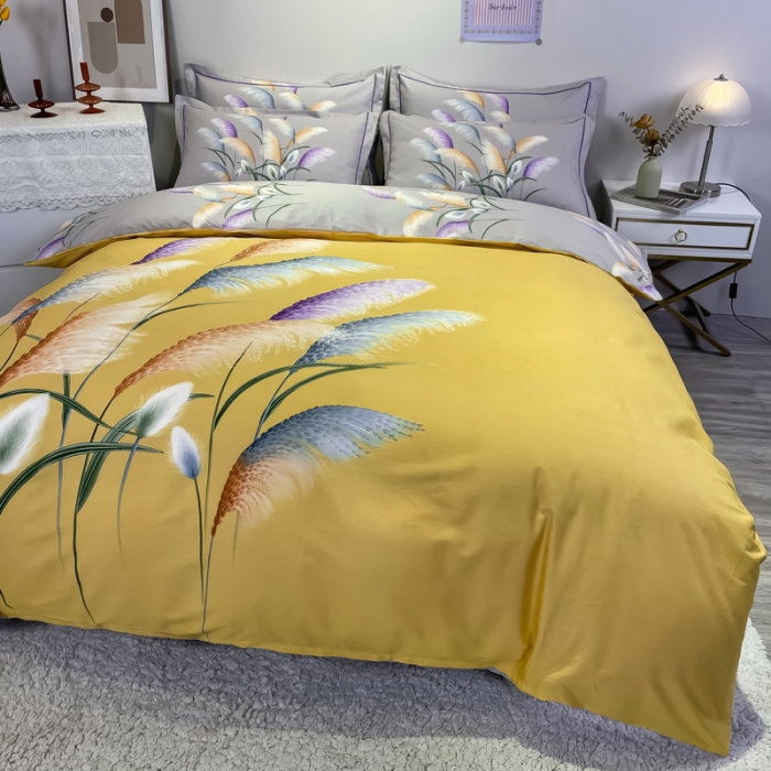 91家纺网 家纺一手货源 找家纺 金爱家 2021新款全棉活性花卉系列四件套 穗禾黄风格2