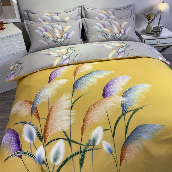 91家纺网 家纺一手货源 找家纺 金爱家 2021新款全棉活性花卉系列四件套 穗禾黄风格2