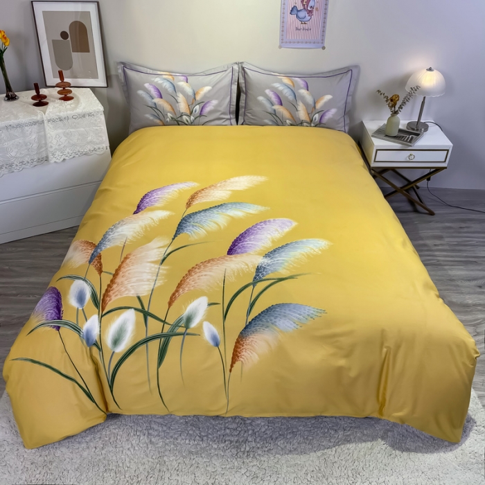 91家纺网 家纺一手货源 找家纺 金爱家 2021新款全棉活性花卉系列四件套 穗禾黄风格2