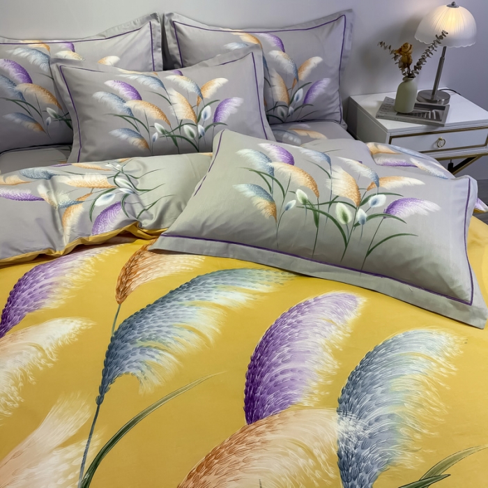 91家纺网 家纺一手货源 找家纺 金爱家 2021新款全棉活性花卉系列四件套 穗禾黄风格2