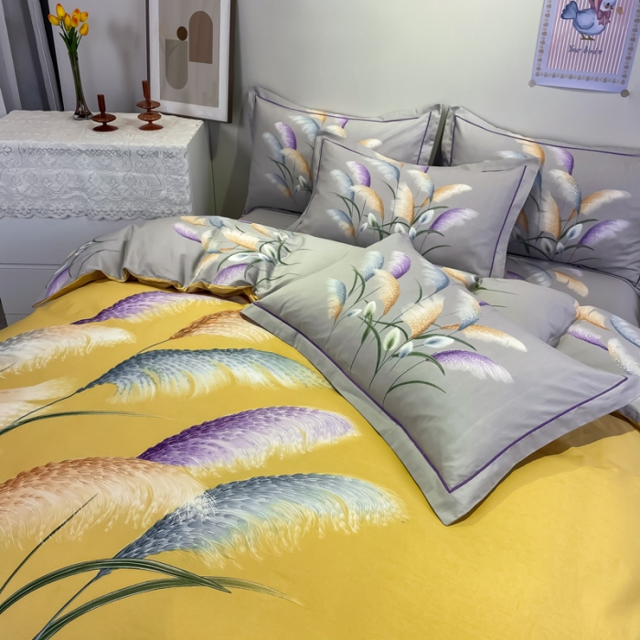 91家纺网 家纺一手货源 找家纺 金爱家 2021新款全棉活性花卉系列四件套 穗禾黄风格2