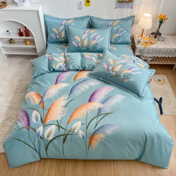 91家纺网 家纺一手货源 找家纺 金爱家 2021新款全棉活性花卉系列四件套 穗禾绿风格1