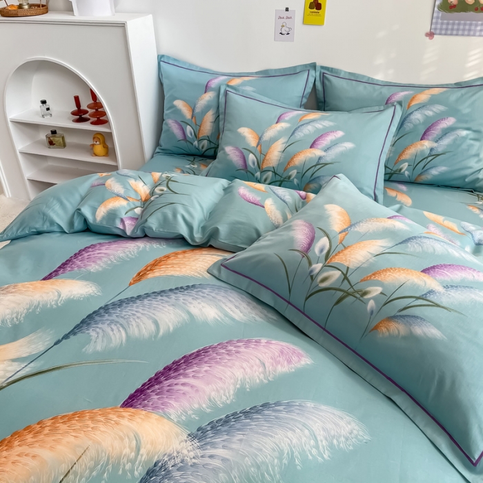 91家纺网 家纺一手货源 找家纺 金爱家 2021新款全棉活性花卉系列四件套 穗禾绿风格1