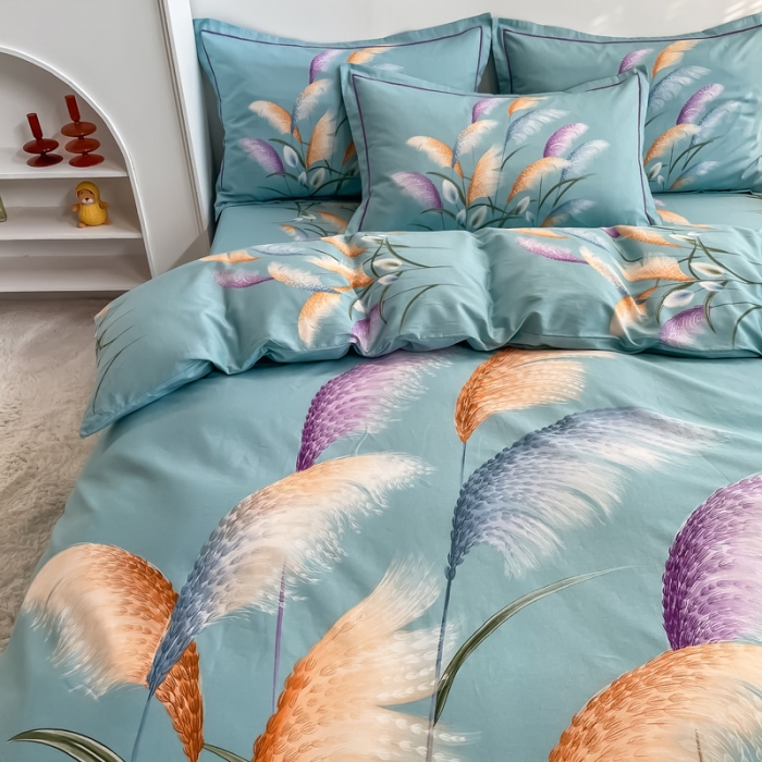 91家纺网 家纺一手货源 找家纺 金爱家 2021新款全棉活性花卉系列四件套 穗禾绿风格1