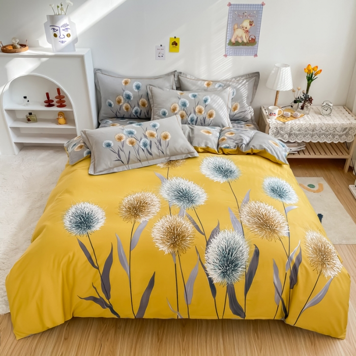 91家纺网 家纺一手货源 找家纺 金爱家 2021新款全棉活性花卉系列四件套 希尔黄风格1